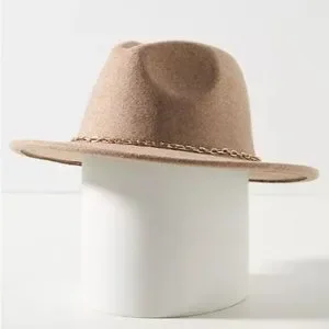 Anthropologie Wool Gold Tone Chain Link Trimmed Fedora Hat New With Tag Unisex Mint Flat Top Fedora Hat With Gold Chain, Unisex  main image 4